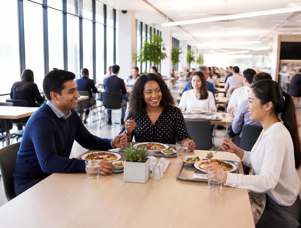 Colaboradores almoçando em restaurante corporativo