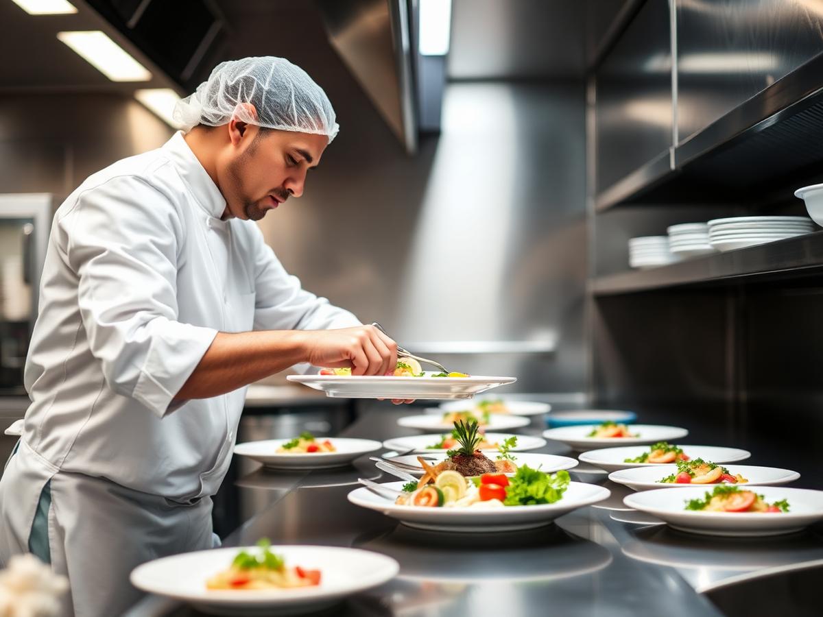 Chef finalizando pratos em cozinha industrial higienizada